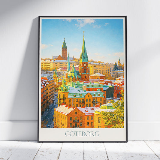 Gothenburg Travel Poster, Snowy Göteborg Cityscape ~ Sweden Winter Art Print | Scandinavian Wall Decor | Unique Home Gift