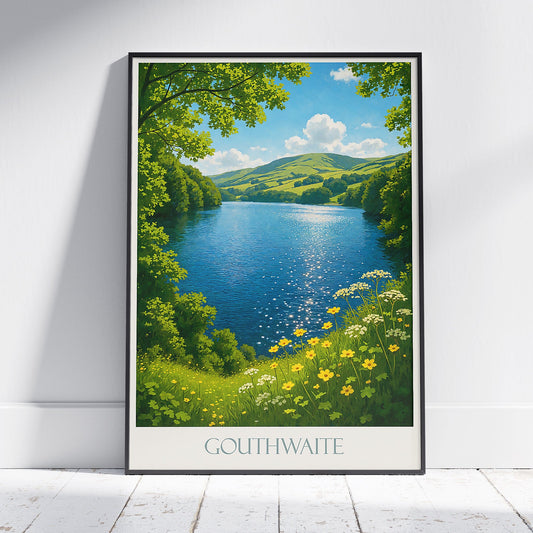 Gouthwaite Reservoir Travel Poster | Sunlit Lake Art Print | Yorkshire Dales Countryside Wall Art | UK Nature Decor Gift