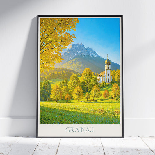 Grainau Germany Travel Poster, Zugspitze Mountain View ~ Bavarian Alps Church Art Print | Autumn Landscape Home Decor
