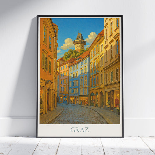 Graz Austria Travel Poster | Grazer Uhrturm Clock Tower Wall Art Print | Vintage European City Decor & Gift
