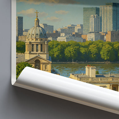 Greenwich London Travel Poster, Old Royal Naval College & Skyline Art Print | UK Cityscape Wall Art | Fine Art Style