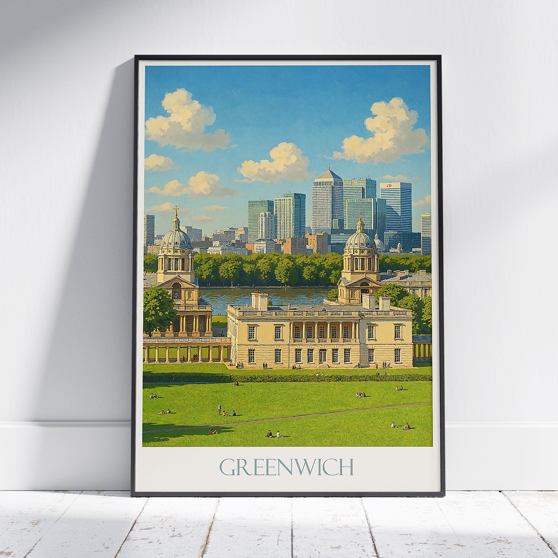 Greenwich London Travel Poster, Old Royal Naval College & Skyline Art Print | UK Cityscape Wall Art | Fine Art Style