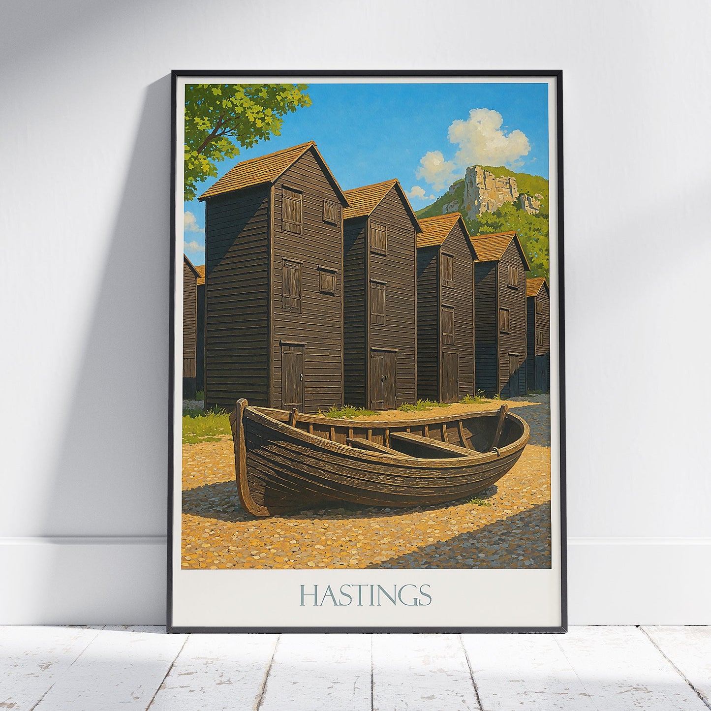 Hastings Fishing Huts Travel Poster | Sussex Coast Art Print | Rye Bay Fisherman's Hut Wall Art | UK Beach Decor