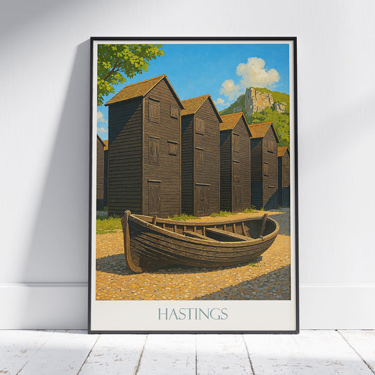 Hastings Fishing Huts Travel Poster | Sussex Coast Art Print | Rye Bay Fisherman's Hut Wall Art | UK Beach Decor
