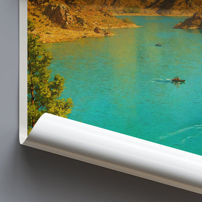 Hatta Dam Travel Poster, UAE ~ Turquoise Lake Painted Art Print | Dubai Mountains Wall Decor | Nature Lover Gift