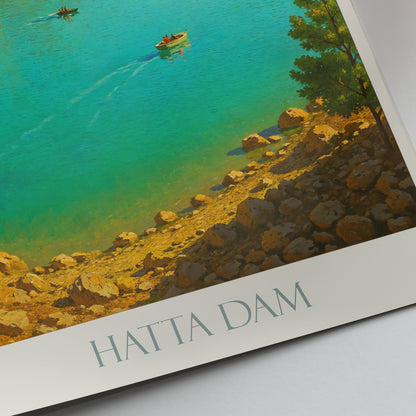 Hatta Dam Travel Poster, UAE ~ Turquoise Lake Painted Art Print | Dubai Mountains Wall Decor | Nature Lover Gift