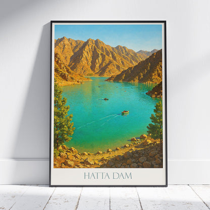 Hatta Dam Travel Poster, UAE ~ Turquoise Lake Painted Art Print | Dubai Mountains Wall Decor | Nature Lover Gift
