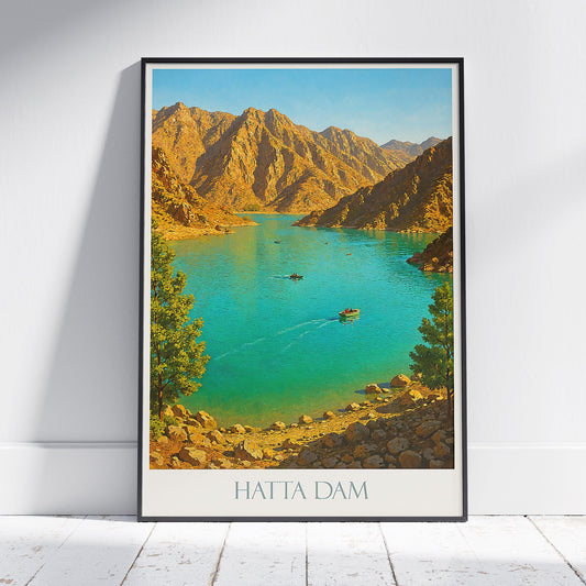 Hatta Dam Travel Poster, UAE ~ Turquoise Lake Painted Art Print | Dubai Mountains Wall Decor | Nature Lover Gift