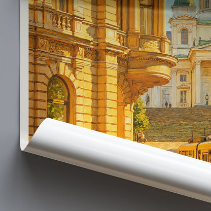 Helsinki Travel Poster, Cathedral & Tram Art Print ~ Finland Cityscape Wall Art | Nordic Home Decor | Scandinavian Travel Gift