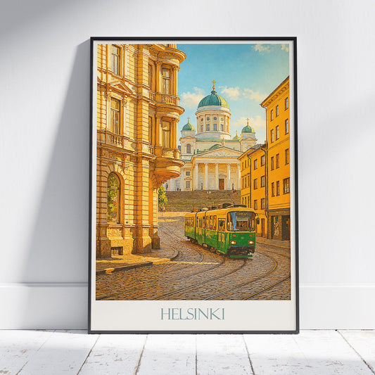 Helsinki Travel Poster, Cathedral & Tram Art Print ~ Finland Cityscape Wall Art | Nordic Home Decor | Scandinavian Travel Gift
