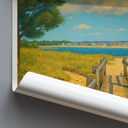 Hengistbury Head Travel Poster, Dorset Beach Huts ~ England Coastal Pathway Art Print | UK Vibrant Wall Decor