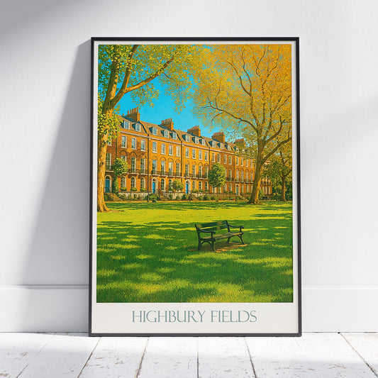 Highbury Fields Travel Poster, London UK | Sunny Park Scene Art Print | UK Cityscape Home Decor Gift