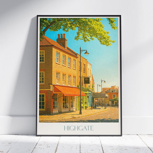 Highgate London Travel Poster, Charming Street Scene ~ UK Urban Art Print | Historic Architecture Home Decor