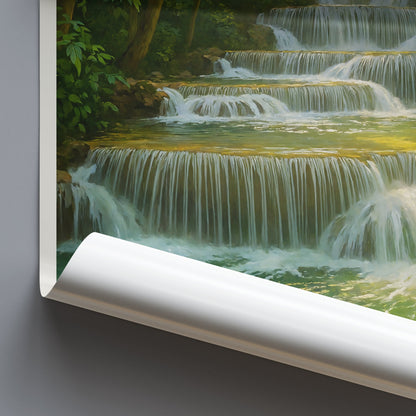 Huay Mae Khamin Waterfall Poster | Thailand Forest Art Print | Lush Green Nature Decor | Tiered Cascading Falls Wall Art
