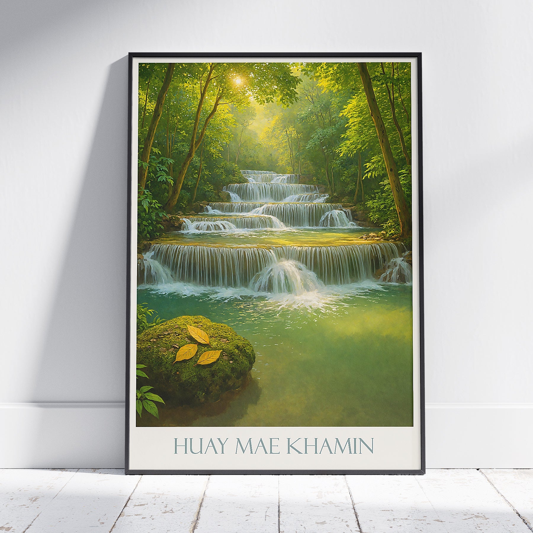 Huay Mae Khamin Waterfall Poster | Thailand Forest Art Print | Lush Green Nature Decor | Tiered Cascading Falls Wall Art