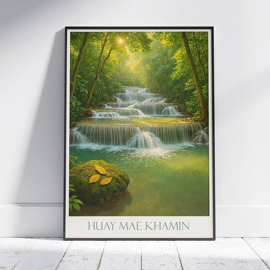 Huay Mae Khamin Waterfall Poster | Thailand Forest Art Print | Lush Green Nature Decor | Tiered Cascading Falls Wall Art