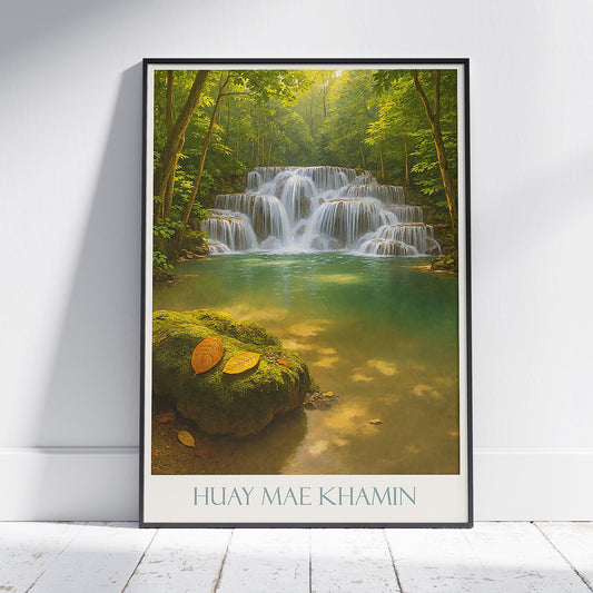 Huay Mae Khamin Waterfall Thailand Travel Poster | Lush Green Nature Art Print | Jungle Waterfall Wall Art | Tranquil Landscape Decor