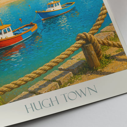 Hugh Town Travel Poster, Isles of Scilly ~ UK Harbour Village Art Print | Coastal Home Decor & Gift