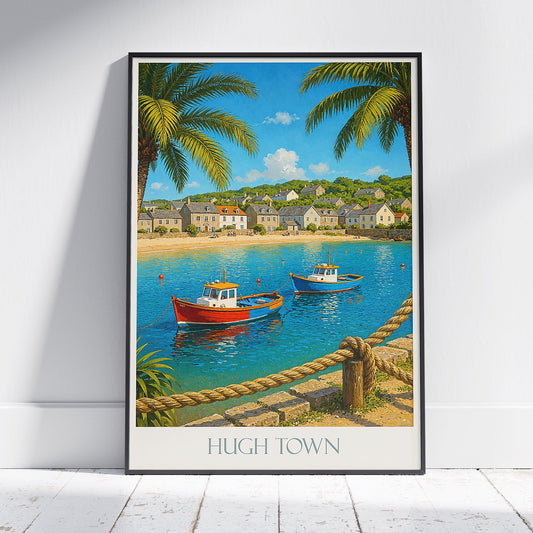 Hugh Town Travel Poster, Isles of Scilly ~ UK Harbour Village Art Print | Coastal Home Decor & Gift