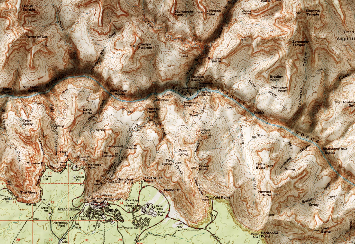 Grand Canyon National Park Map ~ 2D Vintage Topographic Relief Print ~ Poster Wall Art