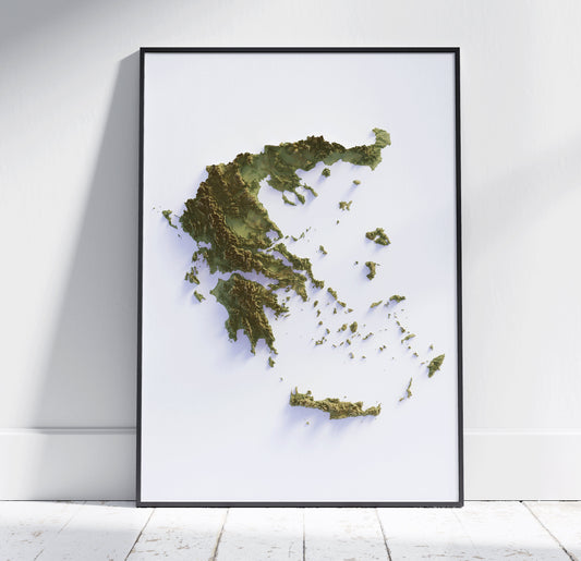 Greece Map ~ Flat 2D Shaded Relief Topographic Print ~ Poster Wall Art Modern Decor