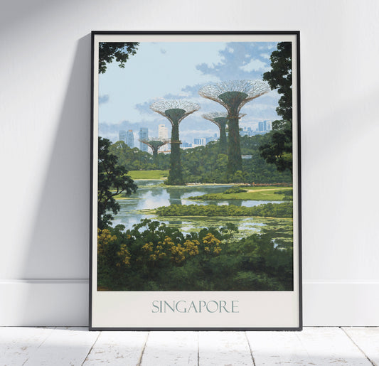 Singapore Travel Print, Gardens by the Bay ~ Travel Poster | Painted Wall Art & Home Decor | Framed Painting Print | Vacation Travel Gift