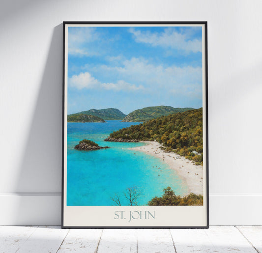 Saint John Travel Print, Trunk Bay ~ US Virgin Islands USVI Travel Poster Wall Art Home Decor Gift Personalized Framed