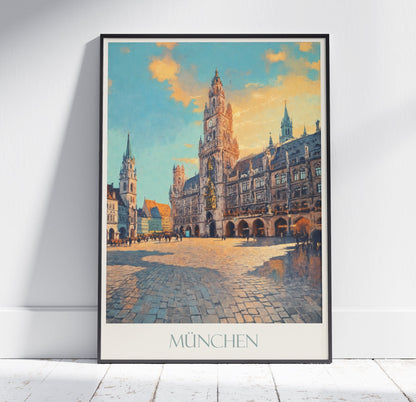 Munich Travel Print, Marienplatz ~ Germany Travel Poster Wall Art Home Decor Gift Personalized Framed