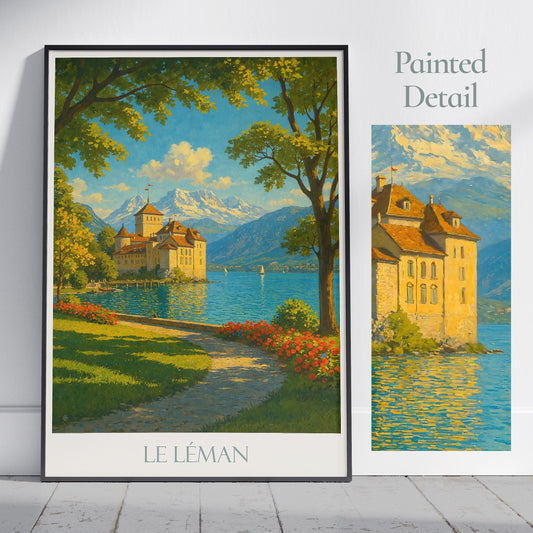 Lake Geneva Travel Print, Chillon Castle ~ Travel Poster Wall Art Home Decor Switzerland Personalized Gift Painting Framed