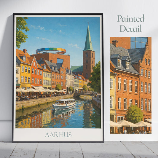 Aarhus Travel Poster, Denmark - Framed Painted Wall Art Print, Personalized Home Decor Gift | Scandinavian Cityscape Vacation Souvenir