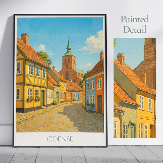 Odense Travel Poster, Denmark - Framed Painted Wall Art Print, Personalized Home Decor Gift | Scandinavian Cityscape Vacation Souvenir