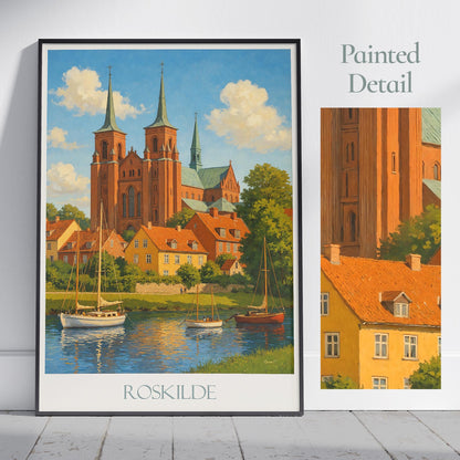 Roskilde Travel Poster, Denmark - Framed Painted Wall Art Print, Personalized Home Decor Gift | Scandinavian Cityscape Vacation Souvenir