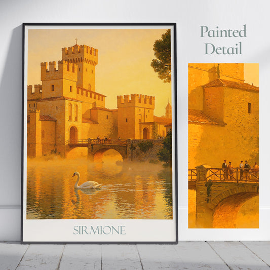 Sirmione Travel Print, Scaligero Castle, Lake Garda ~ Italy Travel Poster | Painted Wall Art & Home Decor | Framed Personalized Gift