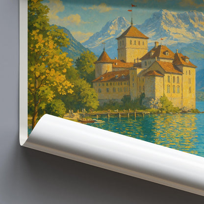 Lake Geneva Travel Print, Chillon Castle ~ Travel Poster Wall Art Home Decor Switzerland Personalized Gift Painting Framed