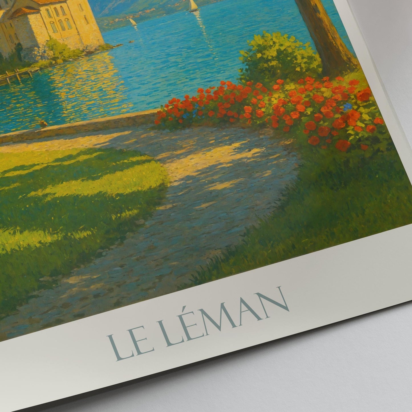 Lake Geneva Travel Print, Chillon Castle ~ Travel Poster Wall Art Home Decor Switzerland Personalized Gift Painting Framed