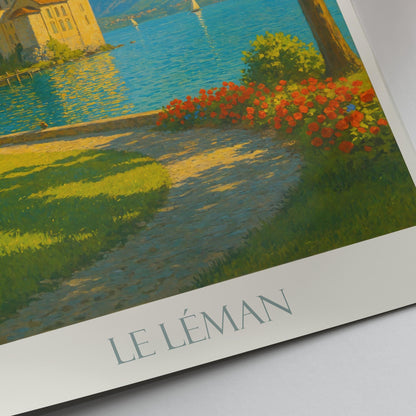 Lake Geneva Travel Print, Chillon Castle ~ Travel Poster Wall Art Home Decor Switzerland Personalized Gift Painting Framed