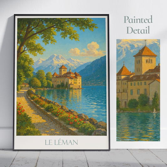 Chillon Castle Travel Print, Lake Geneva ~ Switzerland Travel Poster Wall Art Home Decor  Personalized Gift Painting Framed