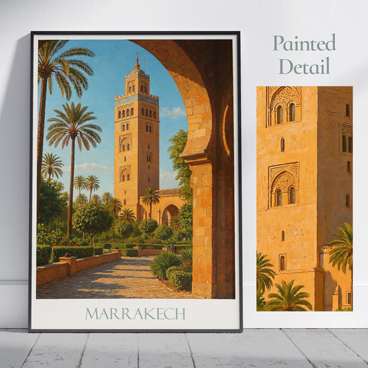 Marrakesh Travel Print, Koutoubia Mosque ~ Morocco Travel Poster Wall Art Home Decor Gift Personalized Framed