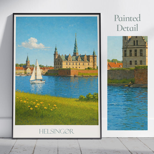 Helsingor Travel Poster, Denmark - Framed Painted Wall Art Print, Personalized Home Decor Gift | Scandinavian Cityscape Vacation Souvenir