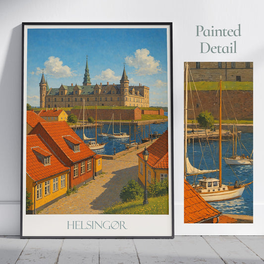 Helsingor Travel Poster, Denmark - Framed Painted Wall Art Print, Personalized Home Decor Gift | Scandinavian Cityscape Vacation Souvenir
