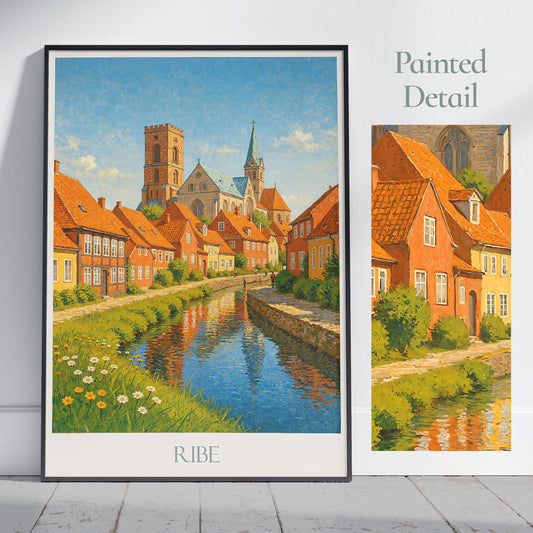 Ribe Travel Poster, Denmark - Framed Painted Wall Art Print, Personalized Home Decor Gift | Scandinavian Cityscape Vacation Souvenir