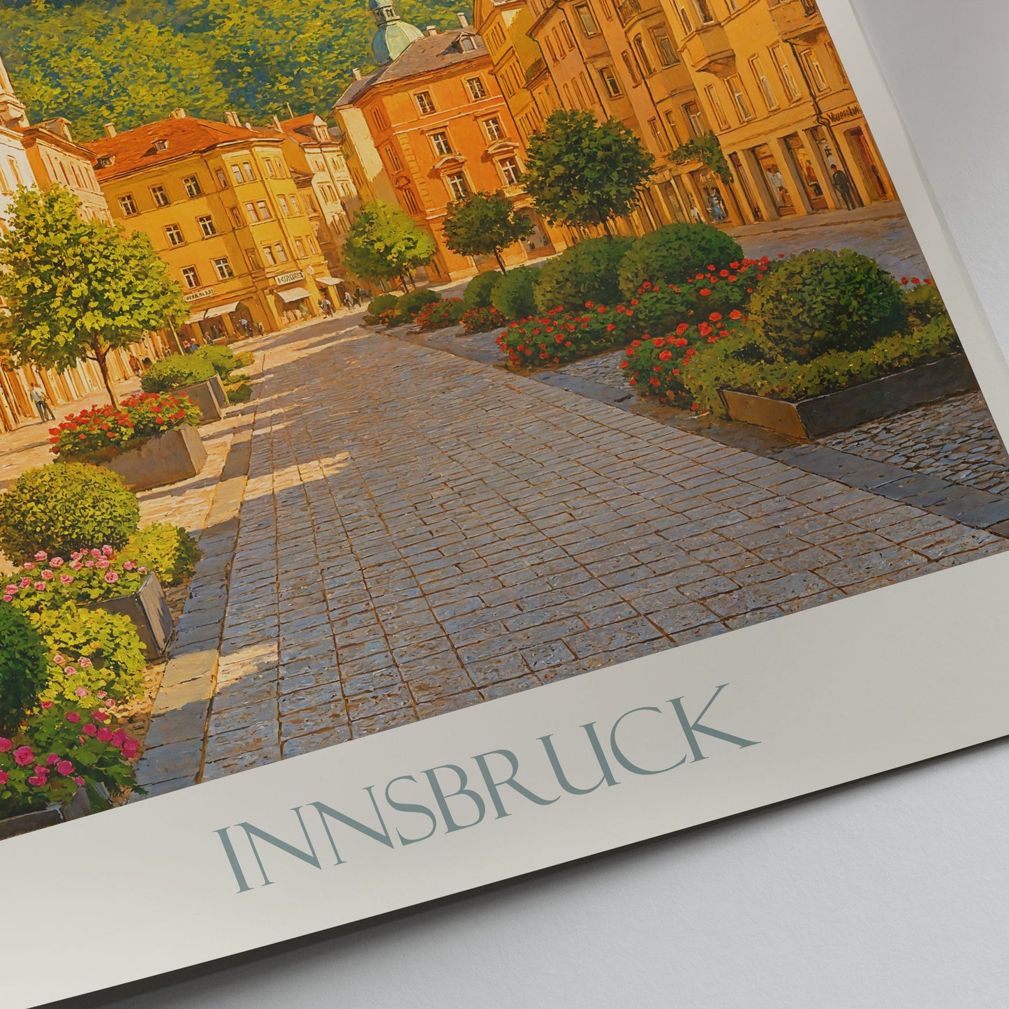 Innsbruck Travel Poster | Austrian Alps Mountain View Art Print | Charming Old Town Street Wall Art & Decor