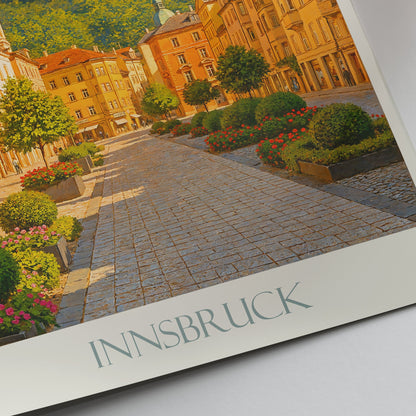 Innsbruck Travel Poster | Austrian Alps Mountain View Art Print | Charming Old Town Street Wall Art & Decor
