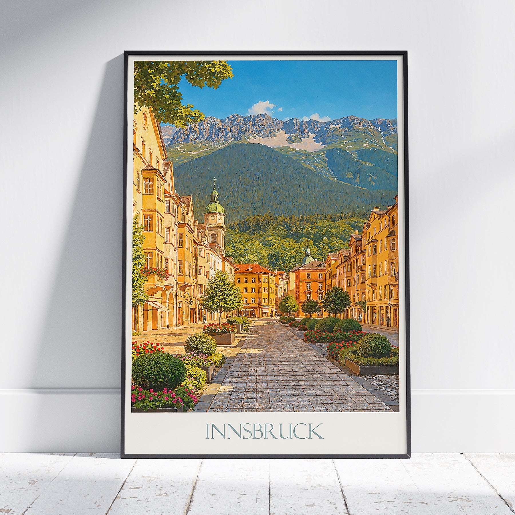 Innsbruck Travel Poster | Austrian Alps Mountain View Art Print | Charming Old Town Street Wall Art & Decor