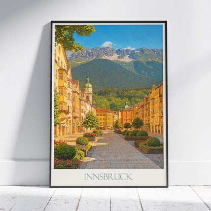 Innsbruck Travel Poster | Austrian Alps Mountain View Art Print | Charming Old Town Street Wall Art & Decor