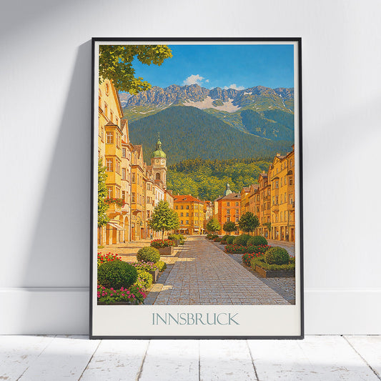 Innsbruck Travel Poster | Austrian Alps Mountain View Art Print | Charming Old Town Street Wall Art & Decor