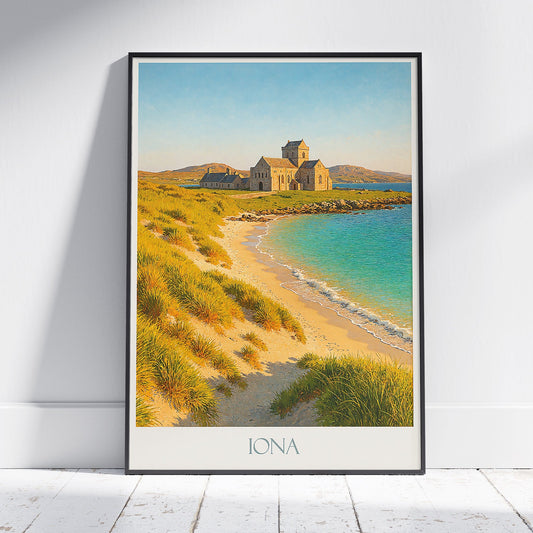 Iona Abbey Travel Poster, Scottish Isle Art Print | Coastal Decor | Isle of Iona Scotland Gift