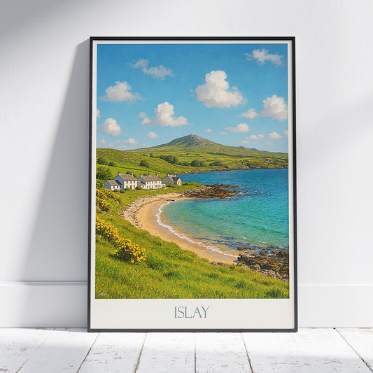 Islay Travel Poster, Scenic Scotland Coastline | White Cottages Beach Art Print | Scottish Island Home Decor