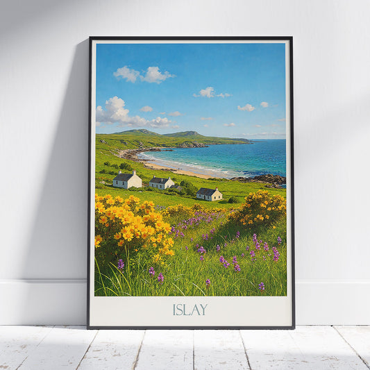 Islay Travel Poster, Scotland Coastal Landscape Art Print | Isle of Islay Cottage Wall Decor | Scottish Beach Painting