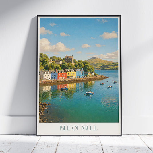 Isle of Mull Travel Poster, Tobermory Scotland Art Print | Colorful Harbor Wall Art Decor | Scottish Vacation Souvenir Gift